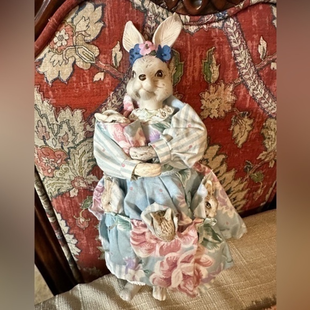 Vintage Porcelain Faced Rabbit Clothed mom  with 4 Porcelain Babies Apron this l